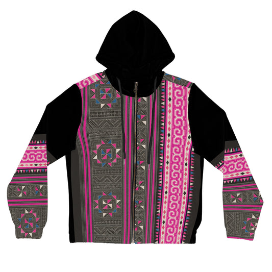 Hmong Heritage Geo Pattern Women Full Zip Hoodie – Pink & Black Edition