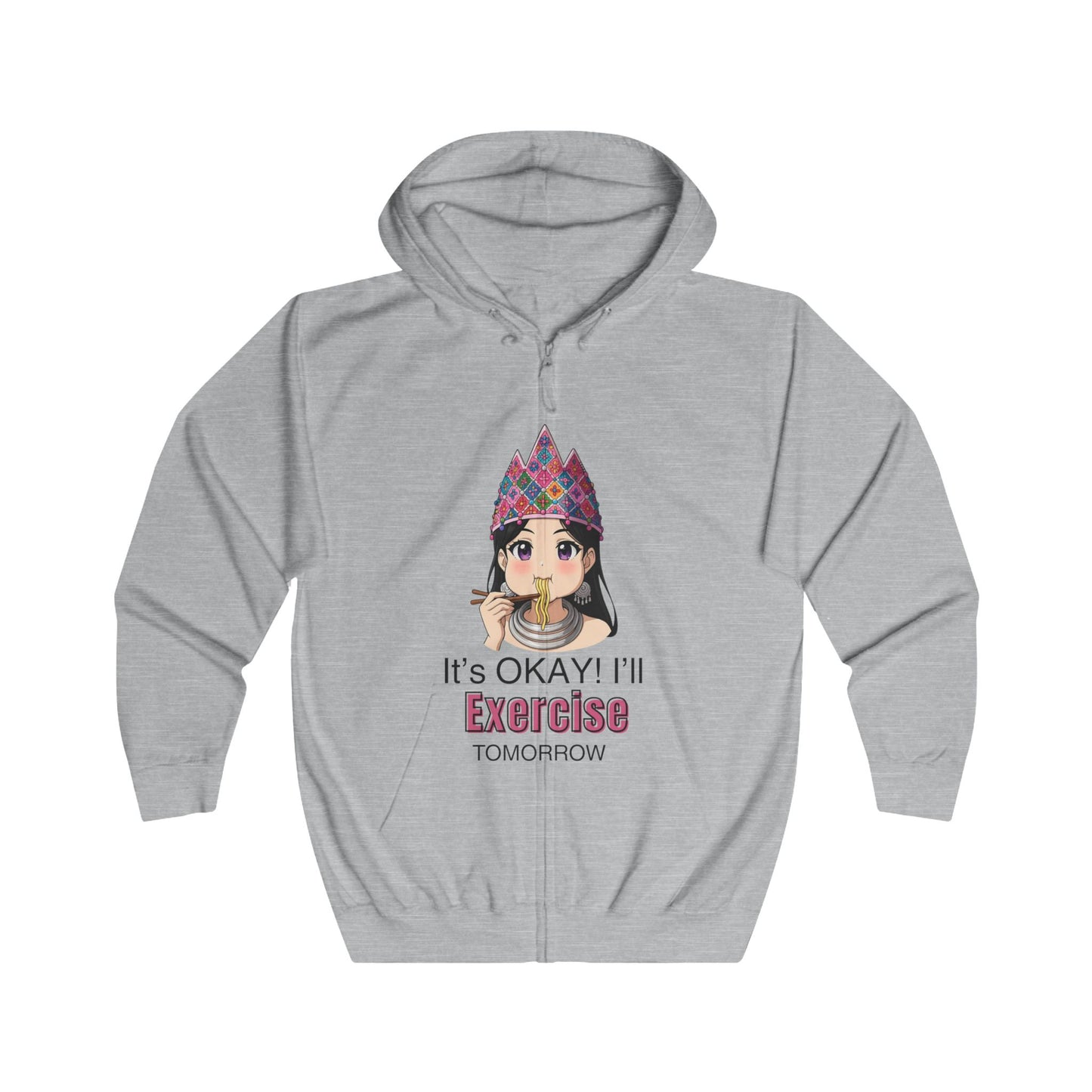 “It’s Okay! I’ll Exercise Tomorrow” Women’s Anime White & Gray Zip Hoodie