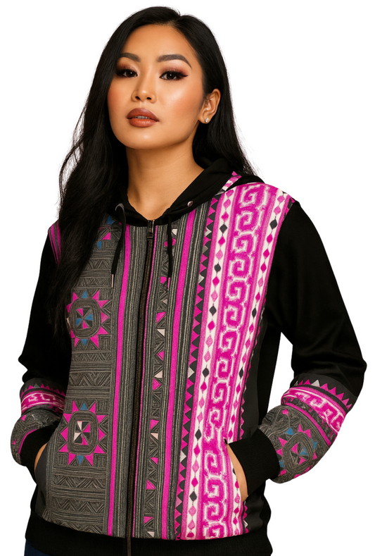 Hmong Heritage Geo Pattern Women Full Zip Hoodie – Pink & Black Edition