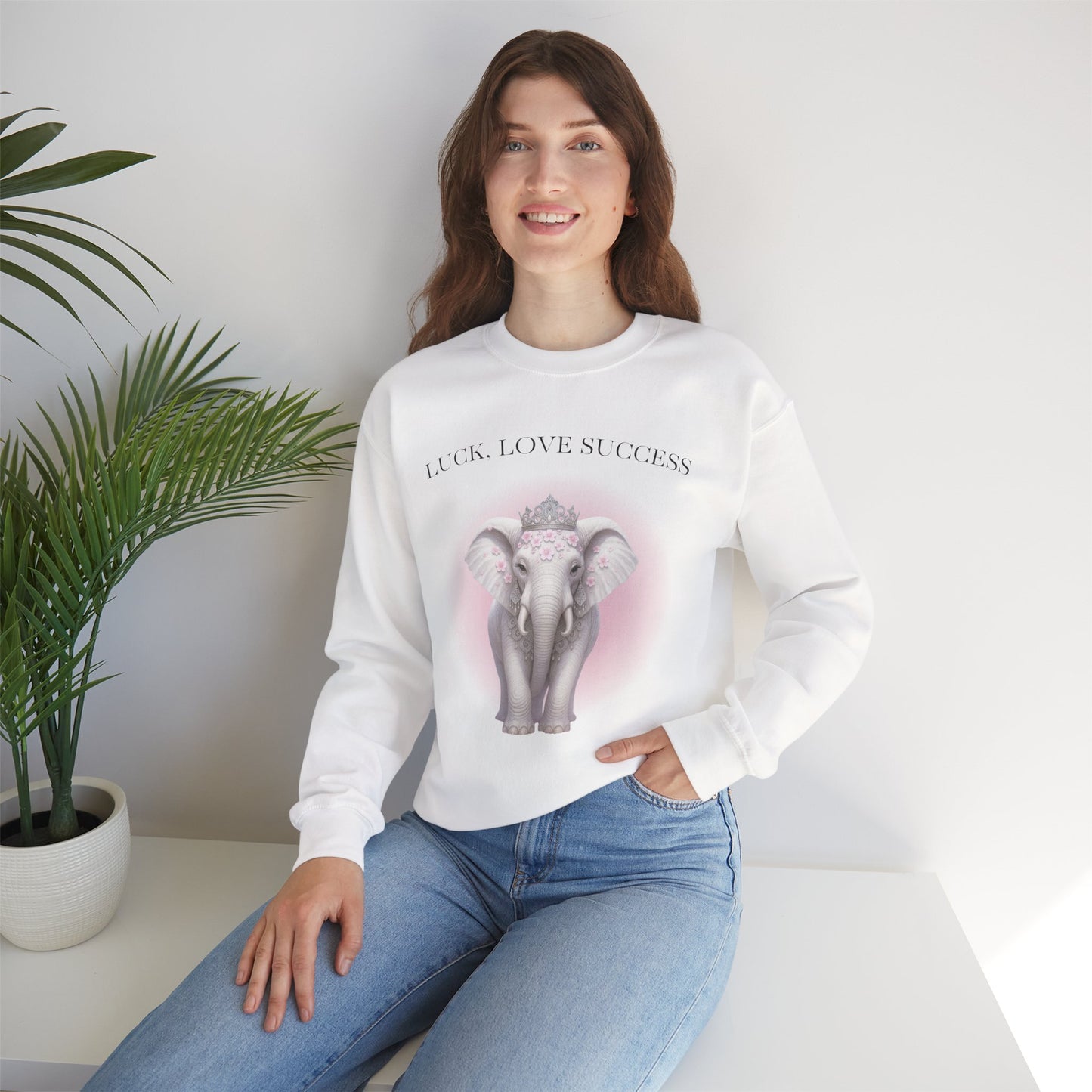 Luck, Love, Success Elephant Crewneck Sweatshirt, Gift for Her, Cozy Clothing, Positive Affirmation, Elephant Lover Sweatshirt