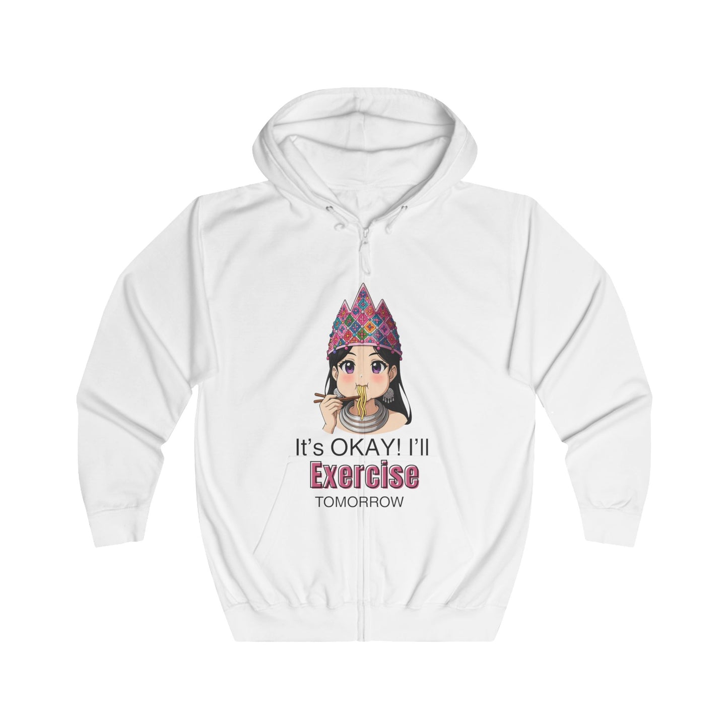 “It’s Okay! I’ll Exercise Tomorrow” Women’s Anime White & Gray Zip Hoodie