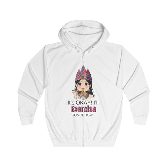 “It’s Okay! I’ll Exercise Tomorrow” Women’s Anime White & Gray Zip Hoodie